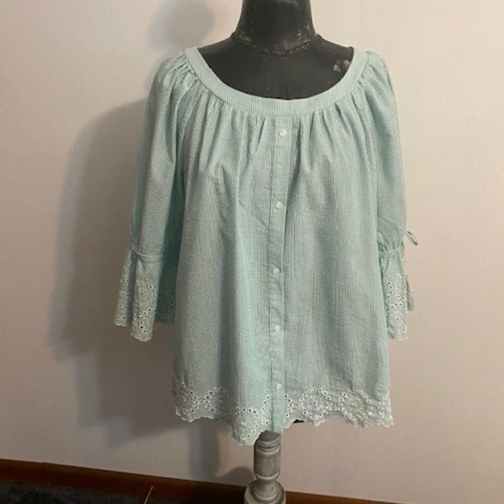 Westbound Greem/White stripe button-down embroidered bell sleeves top, size 1X